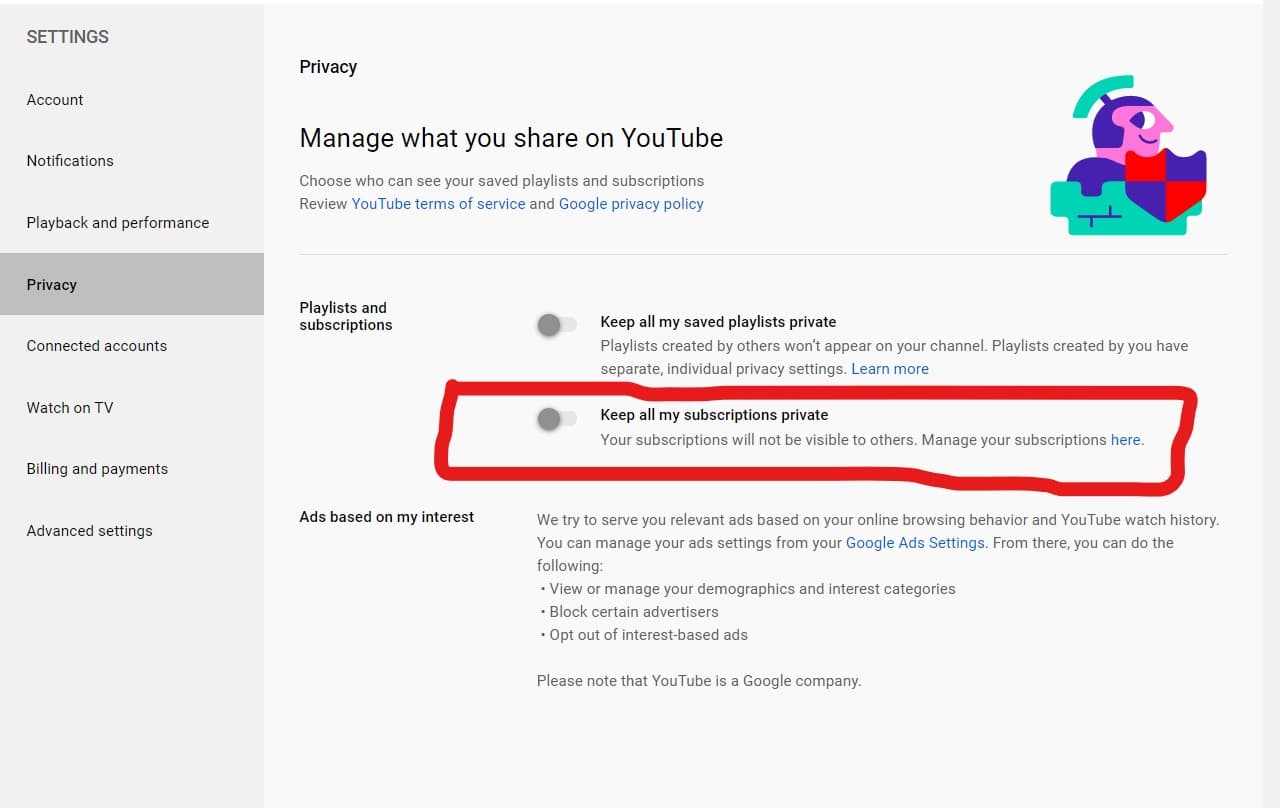 How to disable private subscriptions on YouTube